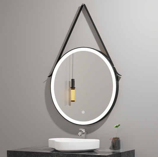 Miroir rond de meuble-lavabo de maquillage de salle de bain encadré noir à éclairage LED avec ceinture