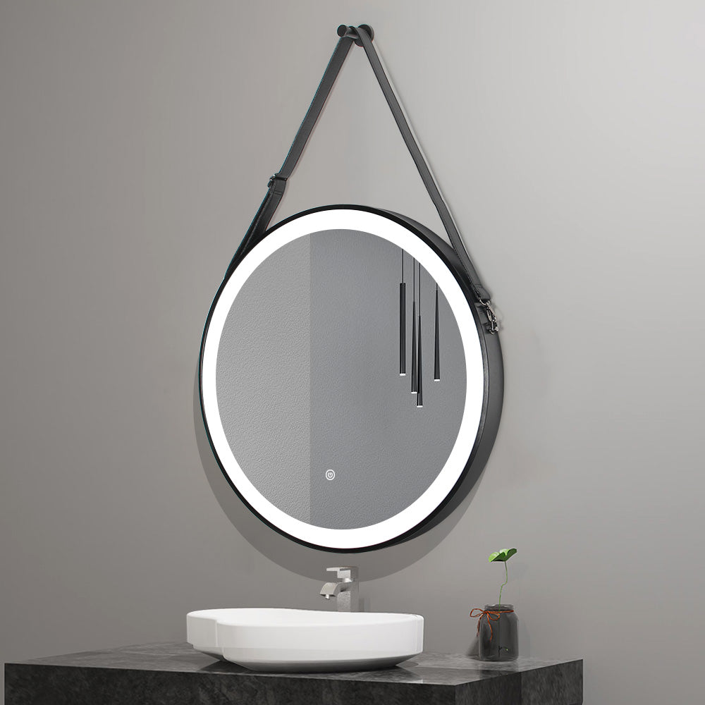 Miroir rond de meuble-lavabo de maquillage de salle de bain encadré noir à éclairage LED avec ceinture