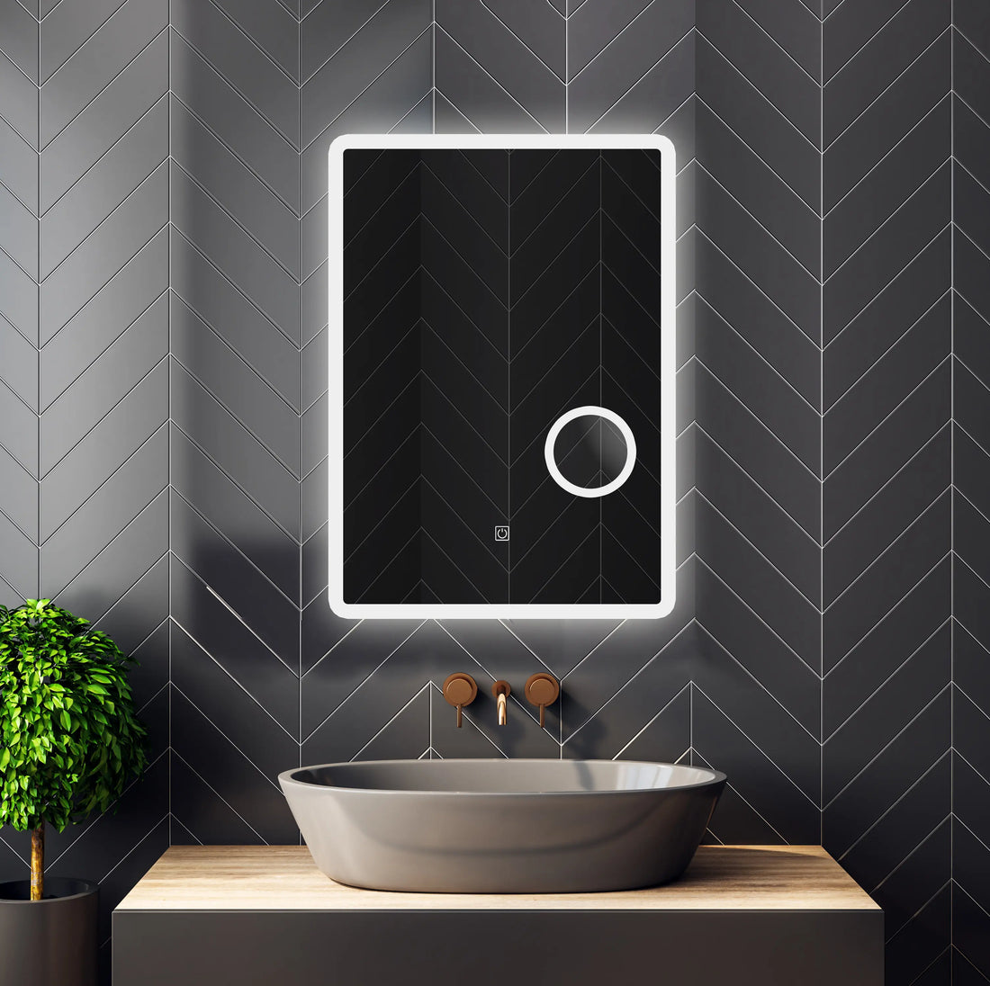 Frameless LED bathroom mirror with magnifying zone and anti-fog