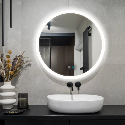 Miroir de maquillage de salle de bain rond sans cadre simple à montage mural de 24 "/ 32" à éclairage LED