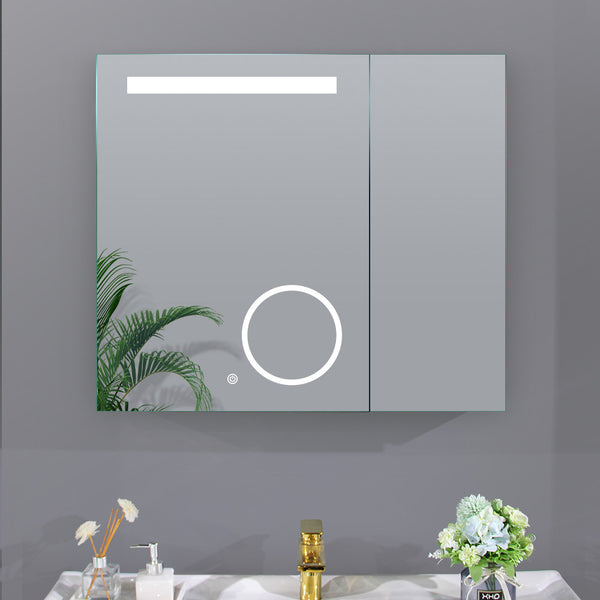 Miroir de salle de bain pour armoire à pharmacie éclairé à DEL de 30 po L x 26 po H avec loupe