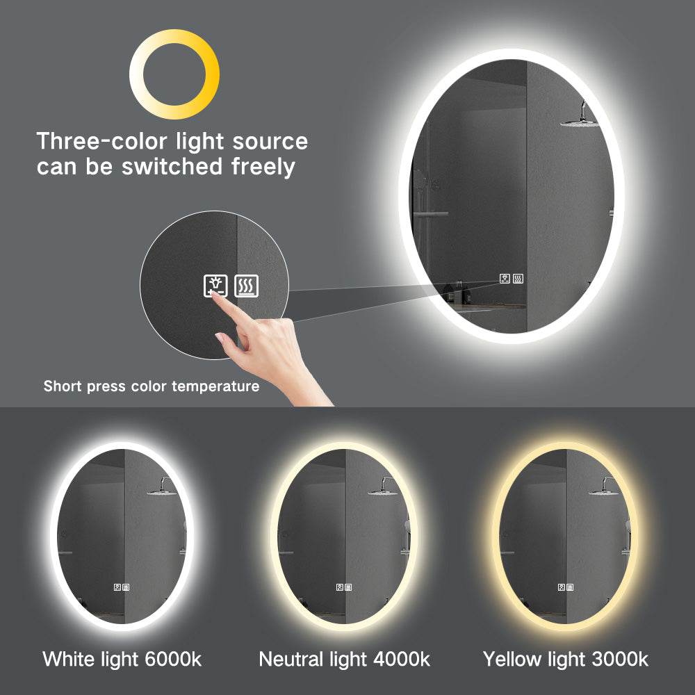 Miroir de maquillage de salle de bain ovale sans cadre à montage mural de 24"L x 32"H éclairé par LED