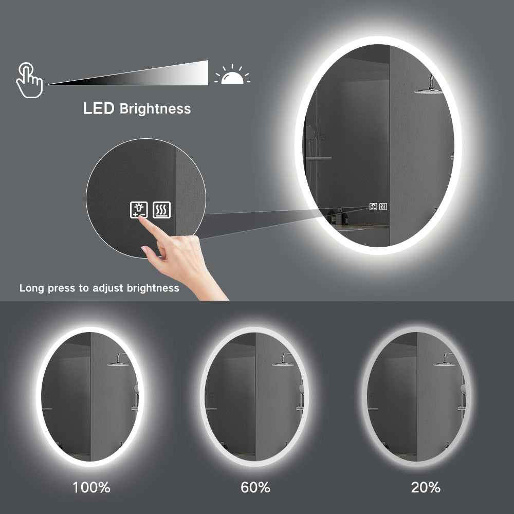 Miroir de maquillage de salle de bain ovale sans cadre à montage mural de 24"L x 32"H éclairé par LED