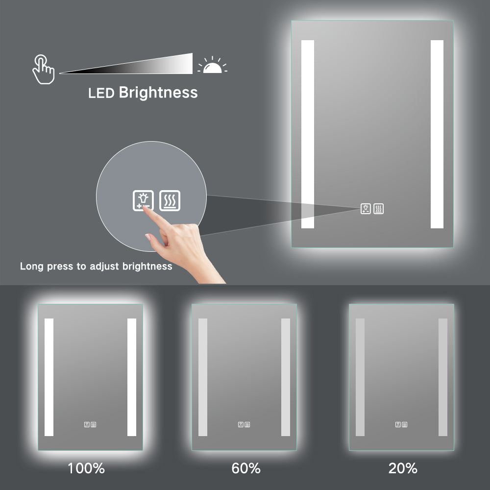Miroir de maquillage de salle de bain rectangulaire sans cadre à montage mural éclairé par LED - 20x28 / 32x24 / 40x24