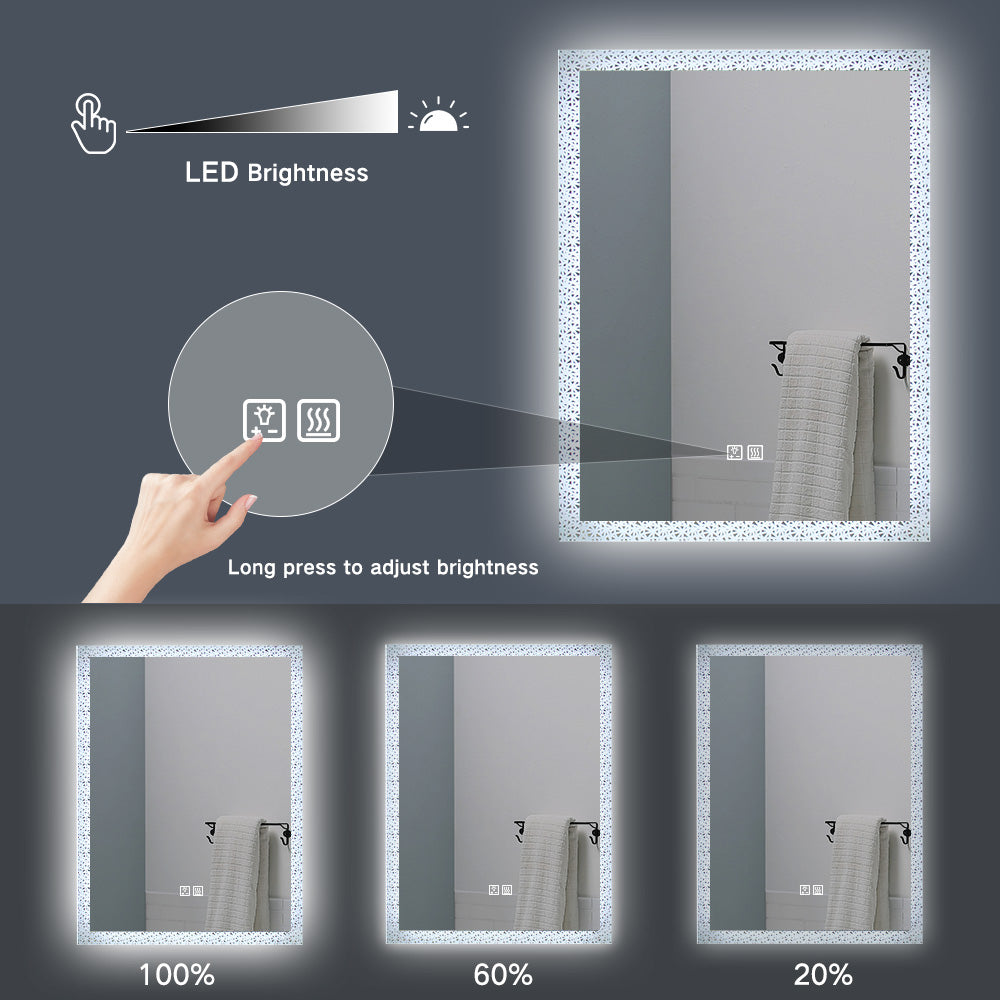 Miroir de maquillage de salle de bain rectangulaire sans cadre à montage mural éclairé par LED - 20x28 / 32x24 / 40x24