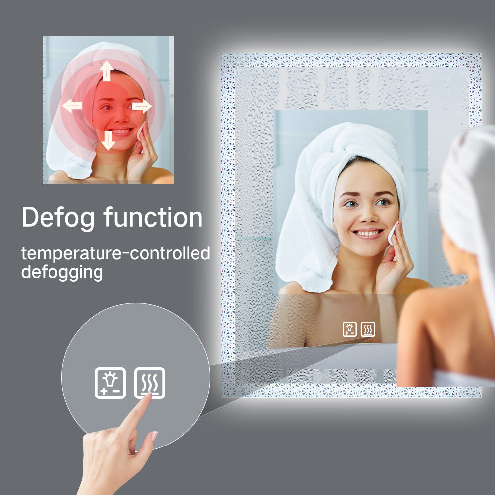 Miroir de maquillage de salle de bain rectangulaire sans cadre à montage mural éclairé par LED - 20x28 / 32x24 / 40x24
