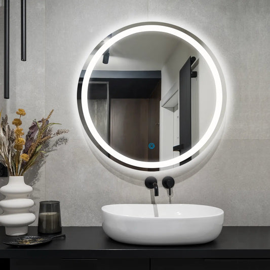 Miroir de maquillage de salle de bain rond sans cadre à éclairage LED de 24 "/ 32"