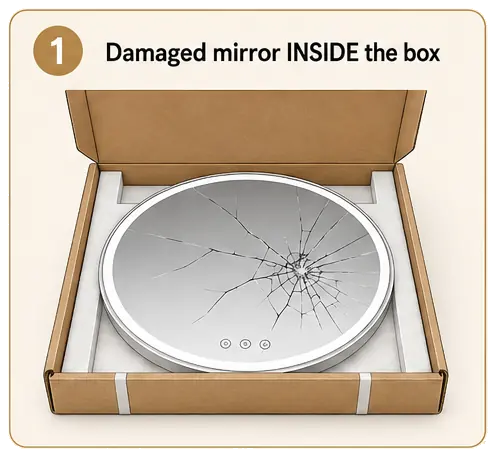 Damaged mirror inside the box