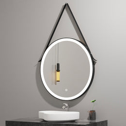 Miroir rond de meuble-lavabo de maquillage de salle de bain encadré noir à éclairage LED avec ceinture