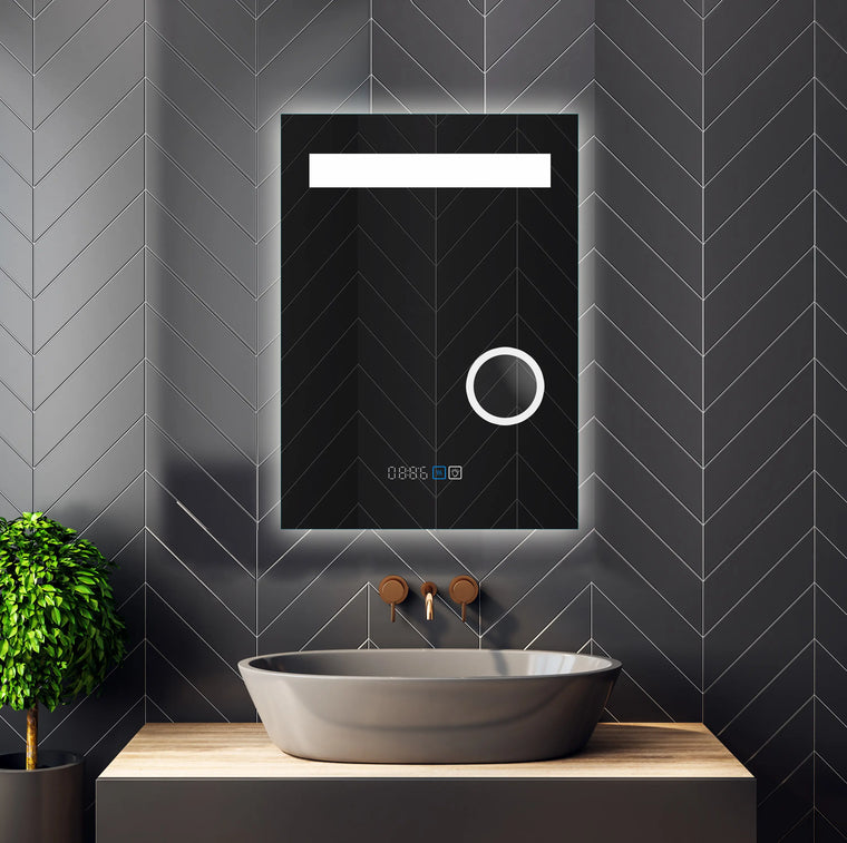Miroir de salle de bain intelligent éclairé par LED / Horloge / Température / Grossissant 5x - 20x28 / 32x24 / 40x24