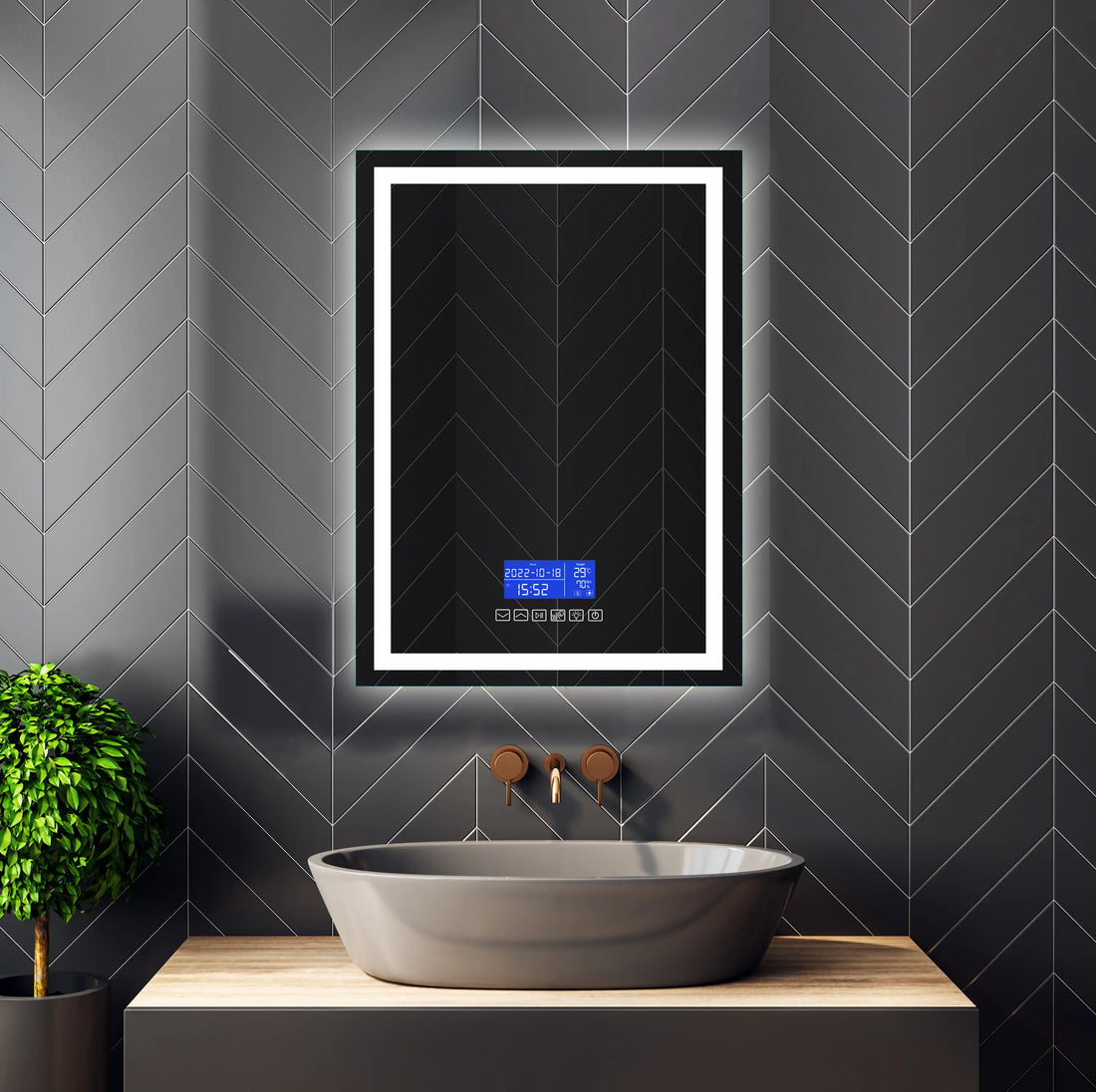 Bluetooth LED bathroom mirror with music, calls and anti-fog, rectangular