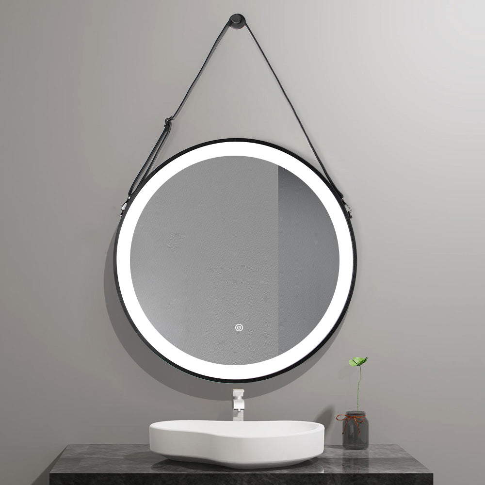 Black framed round LED mirror with hanging belt and anti-fog