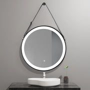 Miroir rond de meuble-lavabo de maquillage de salle de bain encadré noir à éclairage LED avec ceinture