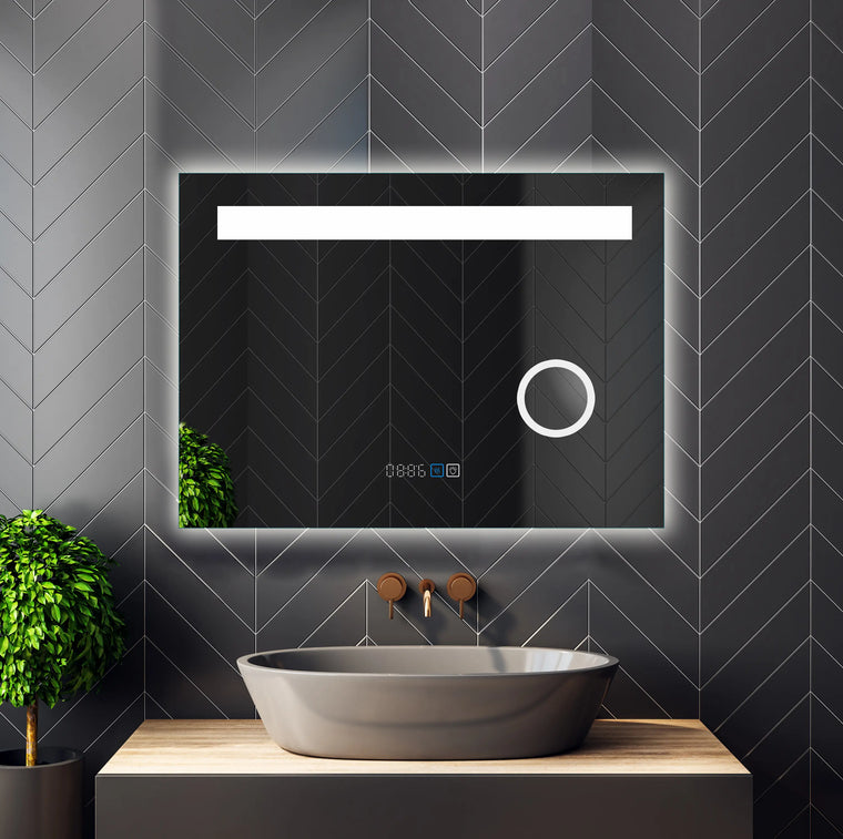 Miroir de salle de bain intelligent éclairé par LED / Horloge / Température / Grossissant 5x - 20x28 / 32x24 / 40x24