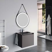Miroir rond de meuble-lavabo de maquillage de salle de bain encadré noir à éclairage LED avec ceinture