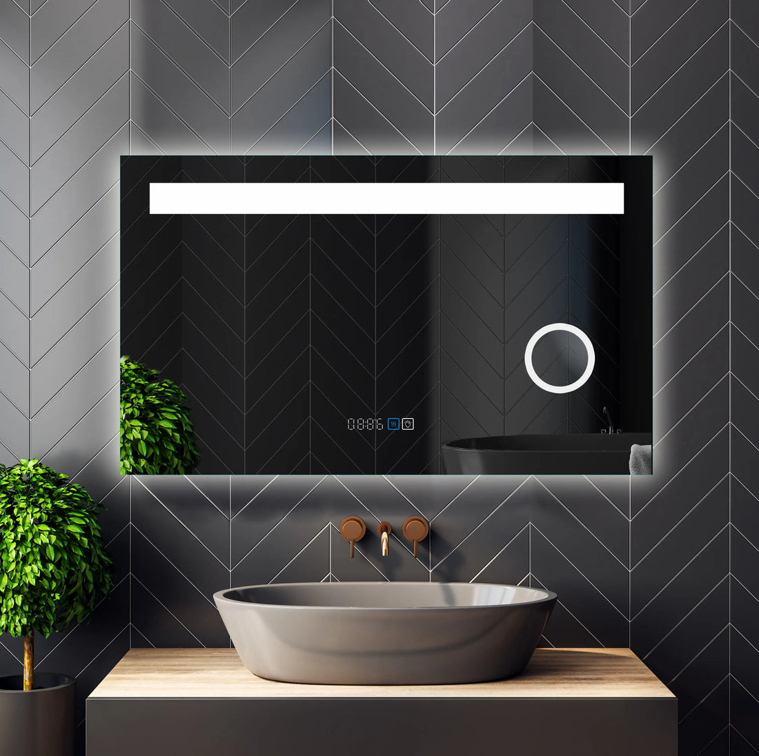 Miroir de salle de bain intelligent éclairé par LED / Horloge / Température / Grossissant 5x - 20x28 / 32x24 / 40x24