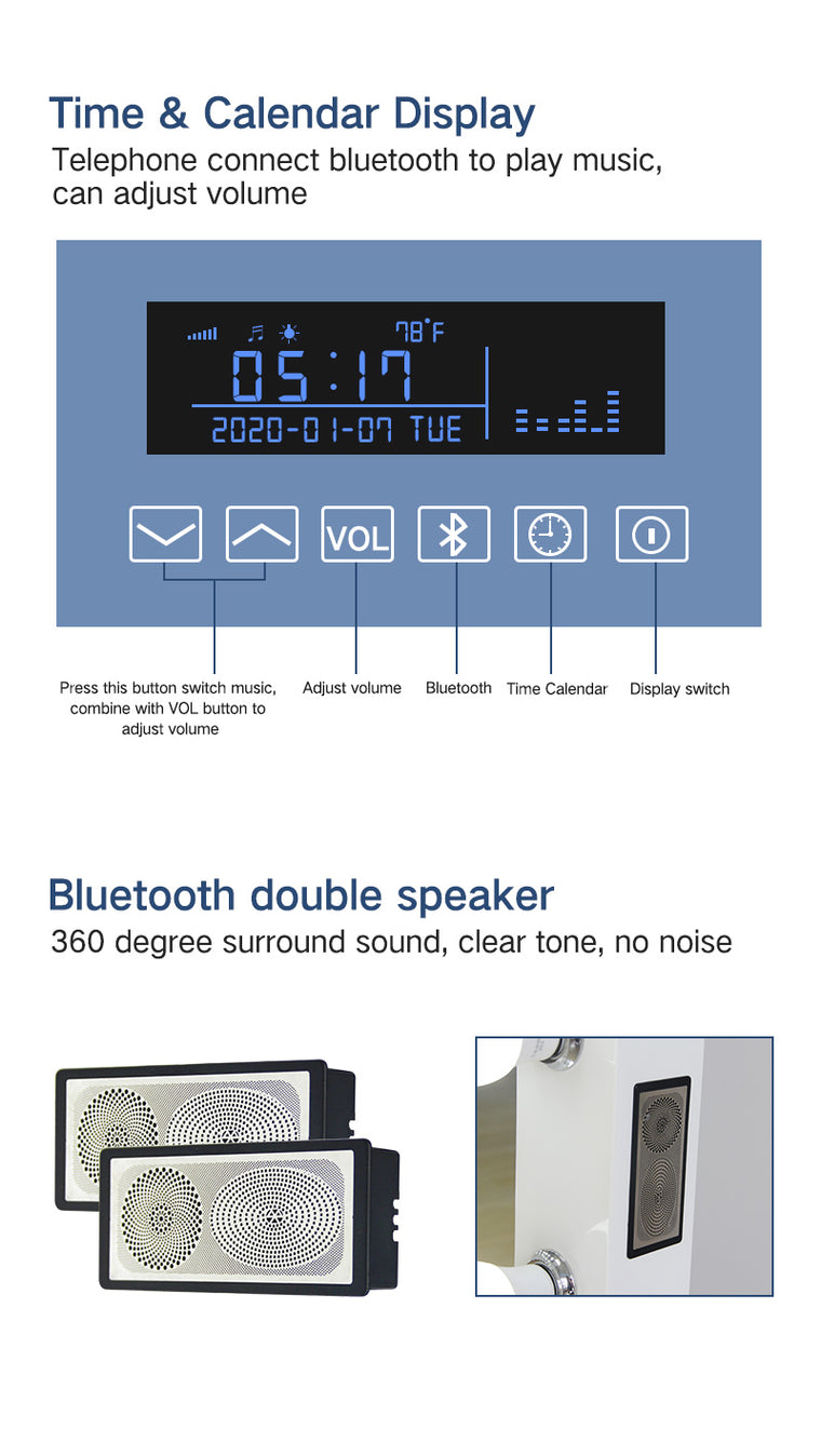 Bluetooth LED bathroom mirror with music, calls and anti-fog, rectangular