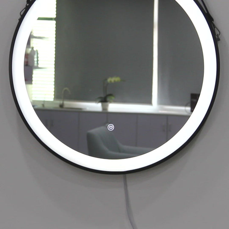 Miroir rond de meuble-lavabo de maquillage de salle de bain encadré noir à éclairage LED avec ceinture
