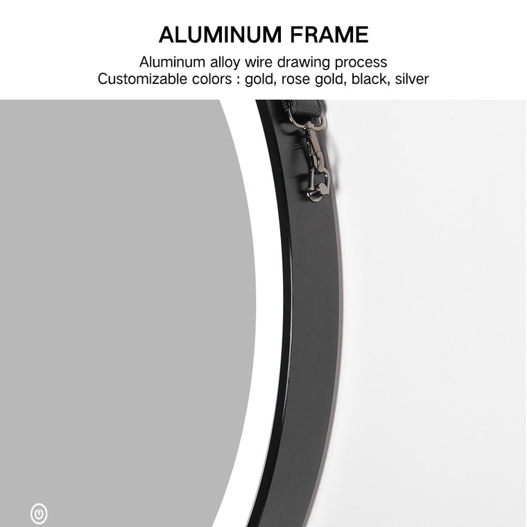 Miroir rond de meuble-lavabo de maquillage de salle de bain encadré noir à éclairage LED avec ceinture