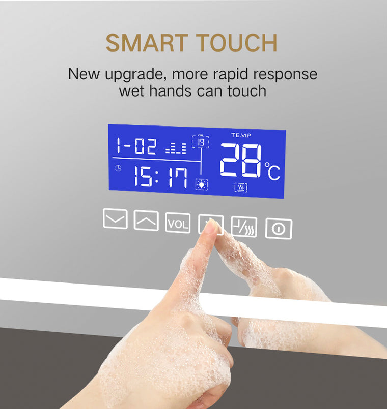 Bluetooth LED bathroom mirror with music, calls and anti-fog, rectangular
