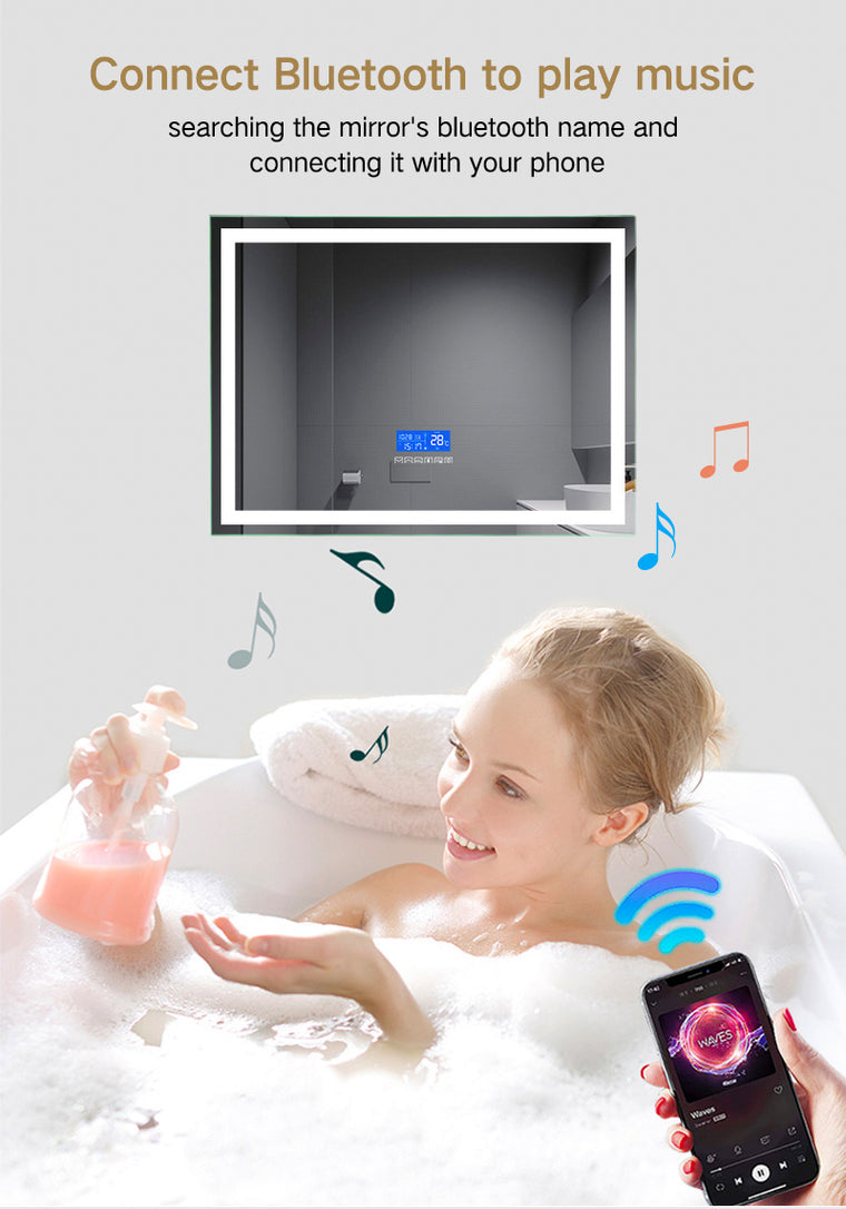 Bluetooth LED bathroom mirror with music, calls and anti-fog, rectangular