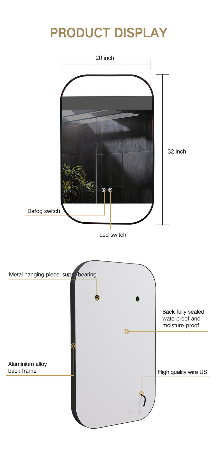 20x32 Bathroom Vanity Mirror with Lights, Defogger