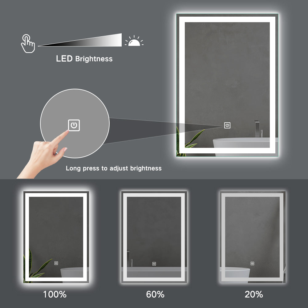 Miroir de maquillage de salle de bain rectangulaire sans cadre à montage mural éclairé par LED - 20x28 / 32x24 / 40x24