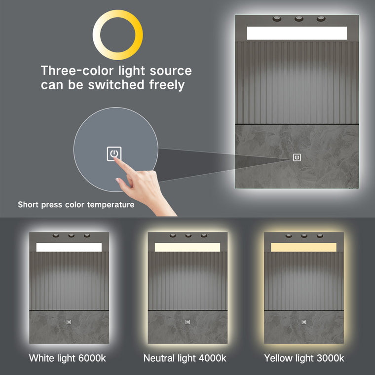 Frontlit LED Lighted Rectangle Bathroom Vanity Mirror - Anti-Fog, Dimmable, 3 Color Temps (20x28 / 32x24 / 40x24)