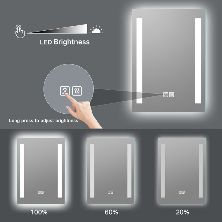 Miroir de maquillage de salle de bain rectangulaire sans cadre à montage mural éclairé par LED - 20x28 / 32x24 / 40x24