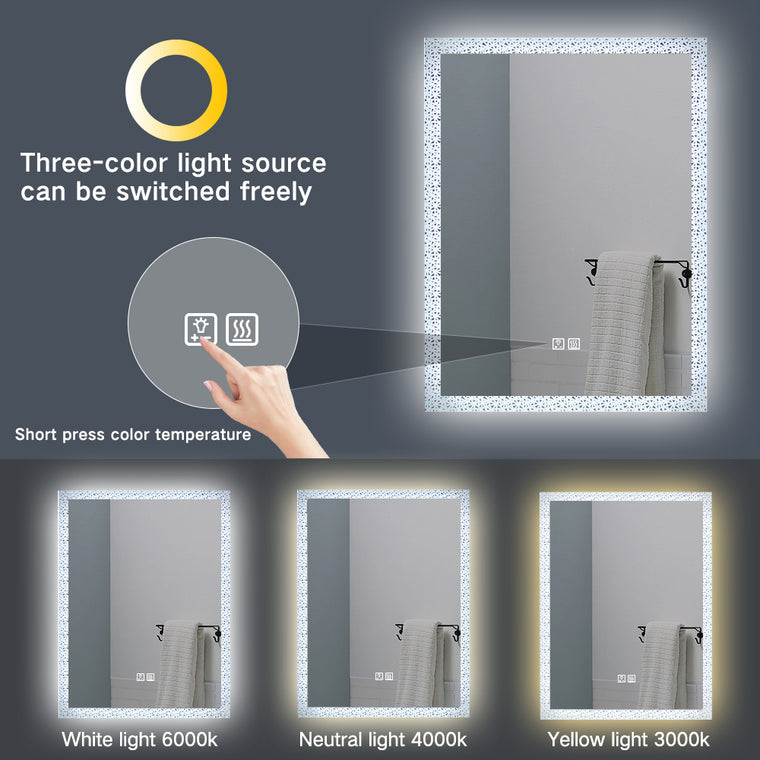 Miroir de maquillage de salle de bain rectangulaire sans cadre à montage mural éclairé par LED - 20x28 / 32x24 / 40x24
