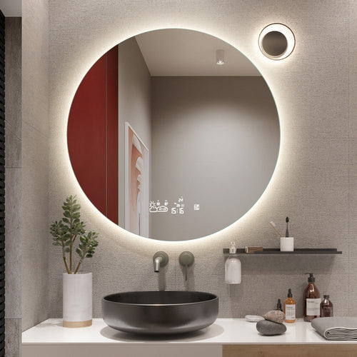 Miroir rond de vanité de salle de bain intelligent sans cadre à montage mural éclairé par LED de 24 