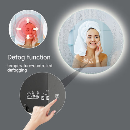Miroir rond de vanité de salle de bain intelligent sans cadre à montage mural éclairé par LED de 24 "/ 32"
