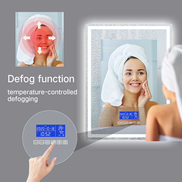 Bluetooth LED bathroom mirror with music, calls and anti-fog, rectangular