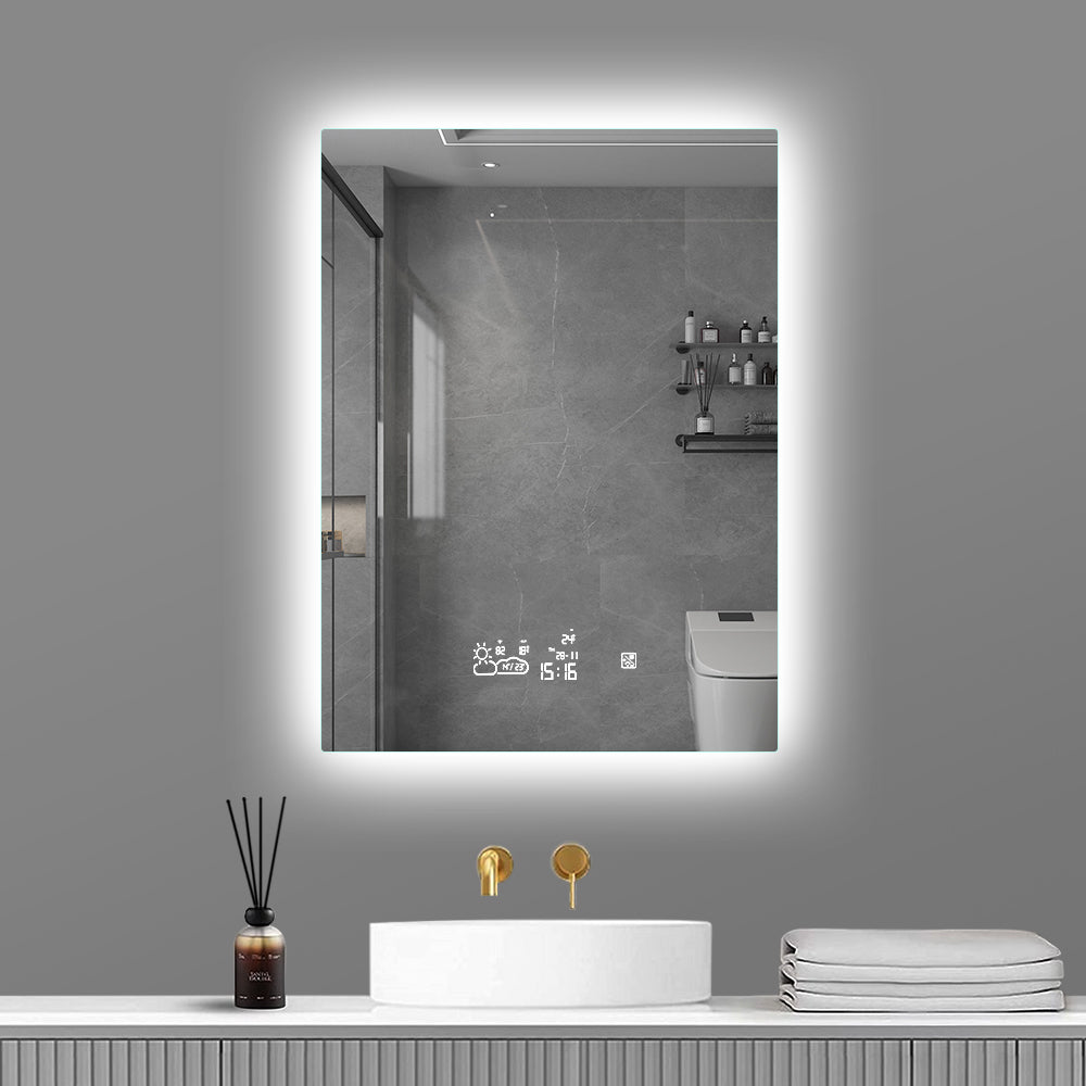 Miroir de maquillage de salle de bain intelligent sans cadre rectangulaire à montage mural éclairé par LED - 20x28 / 32x24 / 40x24