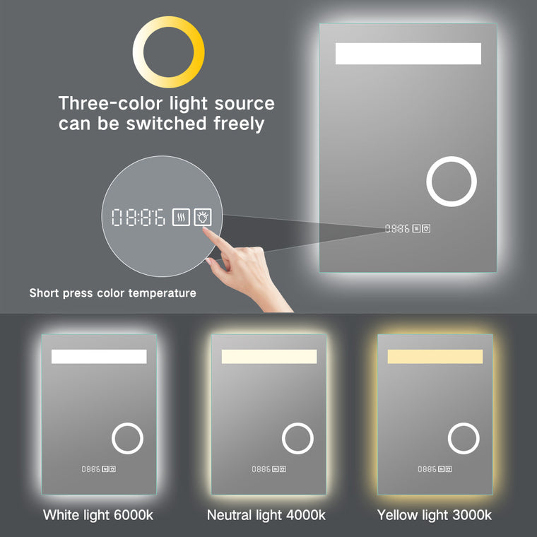 Miroir de salle de bain intelligent éclairé par LED / Horloge / Température / Grossissant 5x - 20x28 / 32x24 / 40x24
