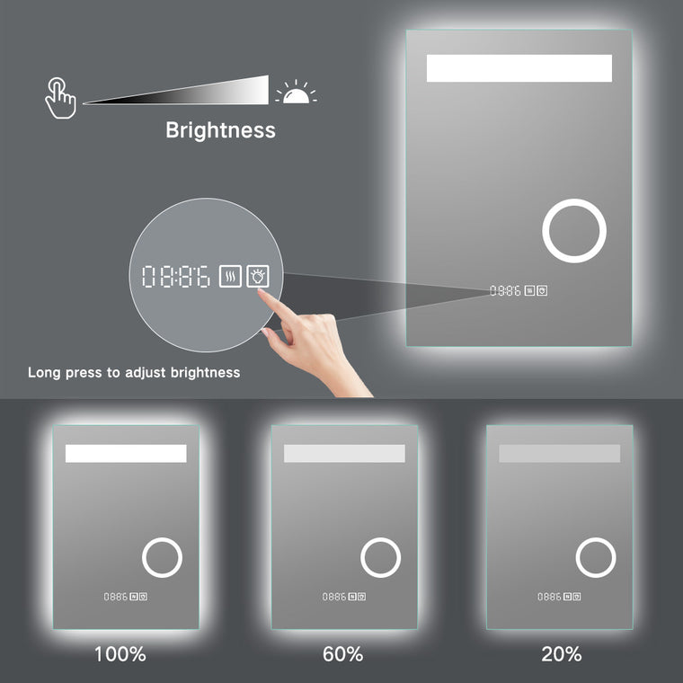 Miroir de salle de bain intelligent éclairé par LED / Horloge / Température / Grossissant 5x - 20x28 / 32x24 / 40x24