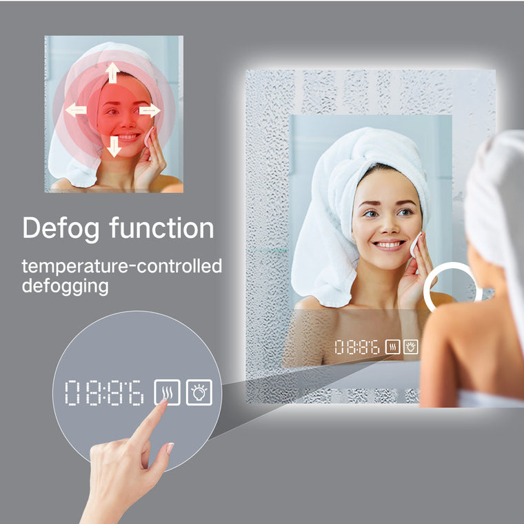 Miroir de salle de bain intelligent éclairé par LED / Horloge / Température / Grossissant 5x - 20x28 / 32x24 / 40x24