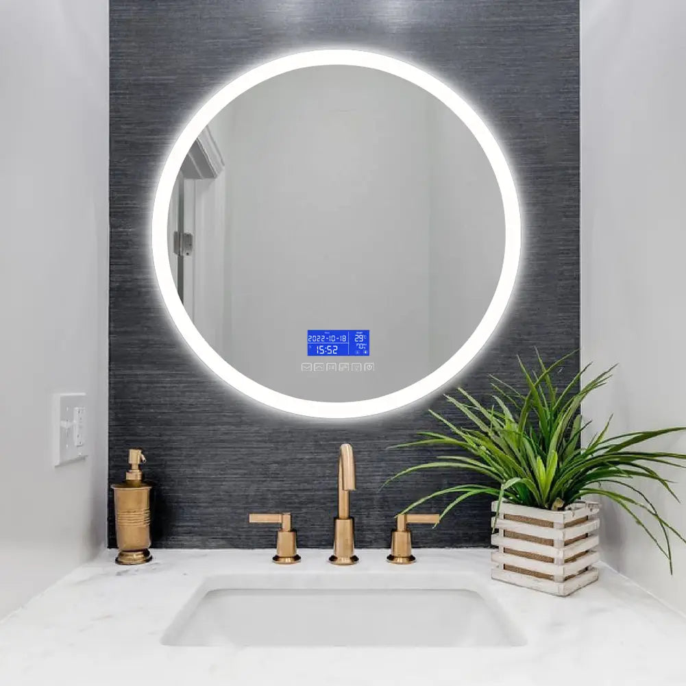 Miroir de maquillage de salle de bains d'appel de musique Bluetooth intelligent sans cadre fixé au mur éclairé par LED